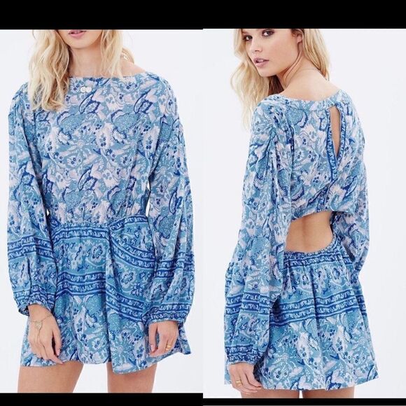 Free People- Backless Long Sleeves Dress Fit & Flare Key Hole , Lined w/ Pockets - Picture 1 of 11
